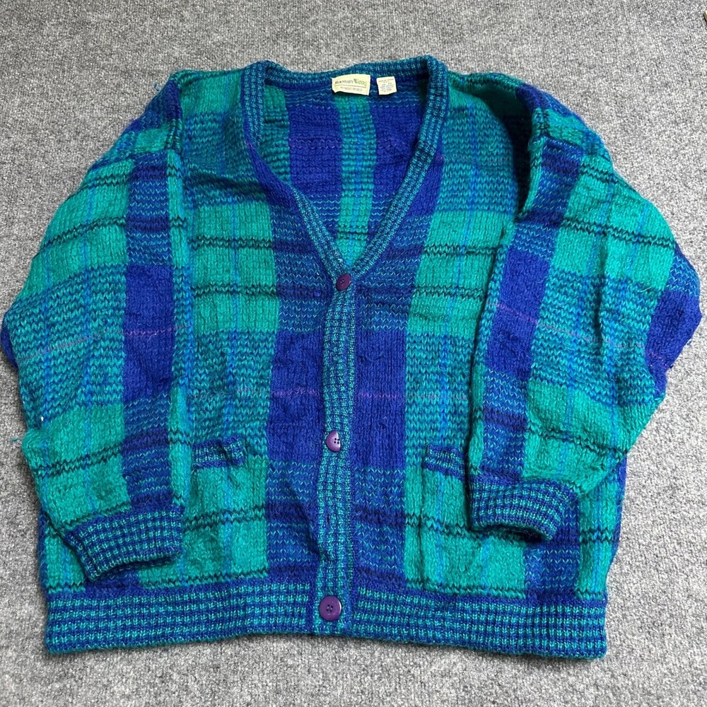 Boundary Waters Cardigan Womens Size 2X Blue Green Plaid Wool Blend Knit V-Neck